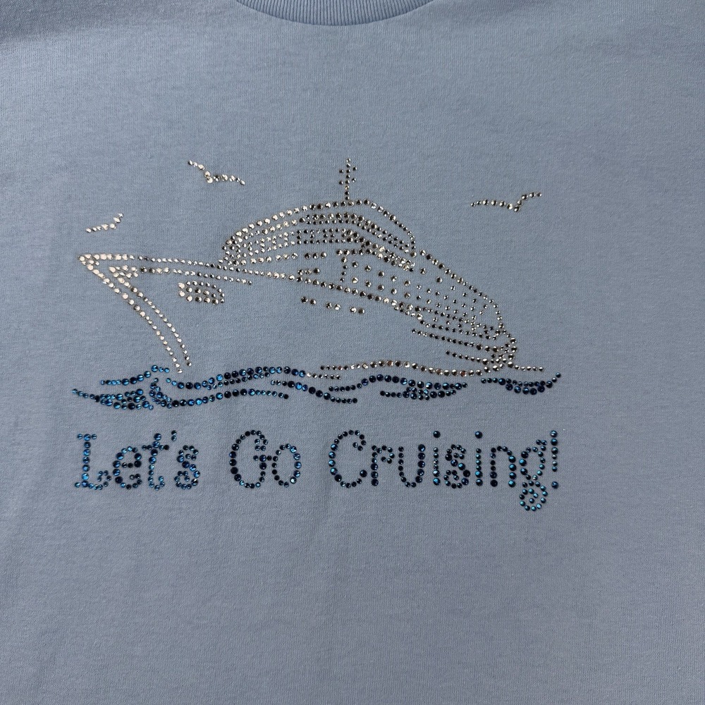 Let's Go Cruising Blue‎ Shirt With Rhinestone Glitter Boat Medium - Picture 2 of 6
